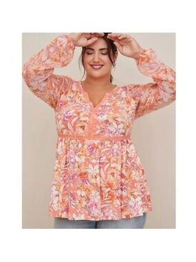 Torrid Super Soft Chiffon Floral Orange Balloon Sleeve Peasant Blouse. Size 2X